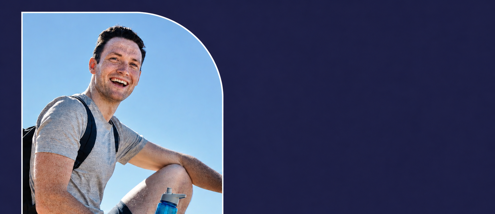 Man with a backpack and water bottle against a blue sky