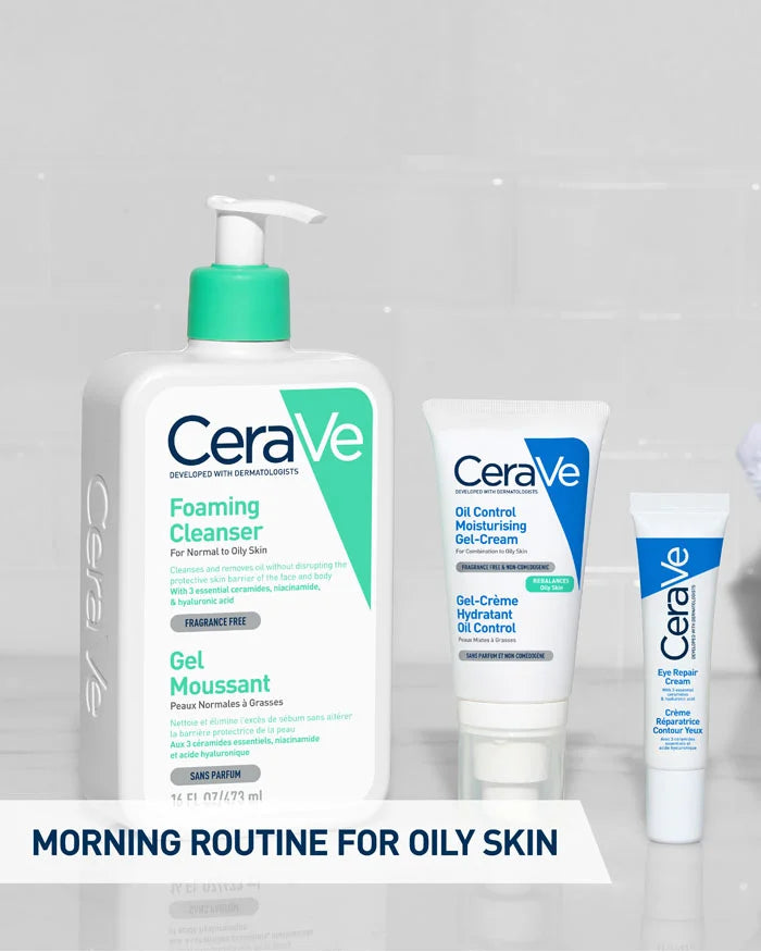 CeraVe skincare products for oily skin on a gray background