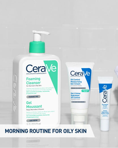 CeraVe skincare products for oily skin on a gray background