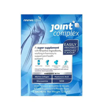 Packaging for Revive Active Joint Complex Sachets, highlighting its use as a super supplement with active ingredients, and its flavor as forest fruit. The package indicates that it is a product designed for joint health, with 10 active ingredients, and that it is free from certain additives. Forest Fruit Flavour.