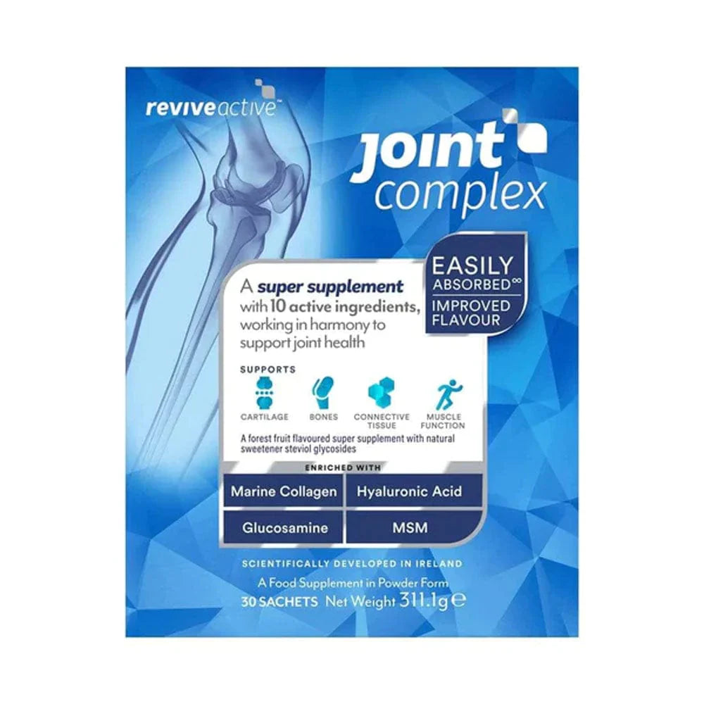 Image of Revive Joint Complex Box coloured blue with image of knee joint and list of ingredients,