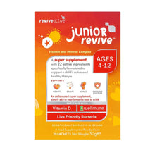 Packaging for Revive Active Junior Revive, a vitamin and mineral supplement for children, with 20 sachets included, displayed against a yellow background with graphics depicting health and energy. Unflavoured.