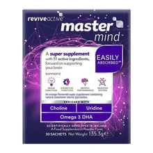 A packet of Revive Active Mastermind, a super supplement with 11 active ingredients, absorbed. It is purple with scientifically developed in Ireland noted on the front.