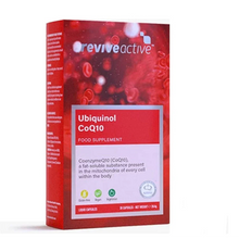 A box of Revive Active Ubiquinol CoQ10 food supplement, with key ingredient highlighted, in a red and white packaging.