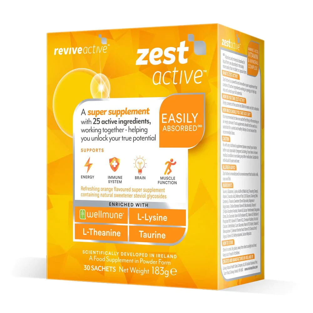 Packaging for Revive Active Zest Active supplement sachets, featuring 25 active ingredients, with Wellmune, L-Lysine, L-Theanine, and Taurine highlighted. Box is yellow with text and graphics indicating energy, immune system, brain, and muscle function support.