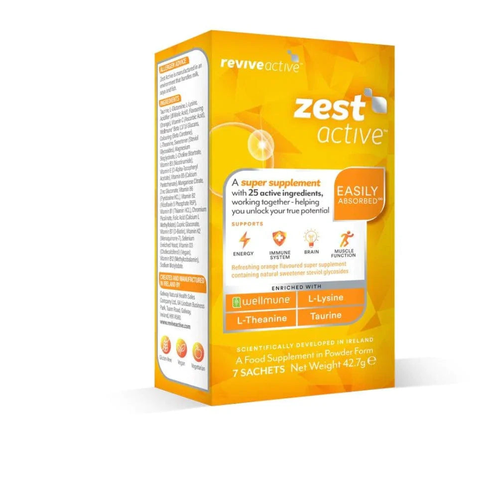 Right facing box of 7 scahets of Revive Zest Active. Yellow orange box. Easily absorbed.