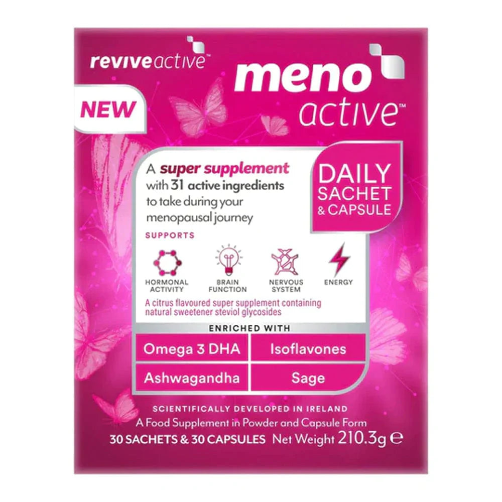 Packaging for Revive Active Meno supplement, featuring a pink design with butterflies, plants, and text detailing the product's benefits and ingredients, including Omega 3 DHA and Sage. Tropical Flavoured Sachets.