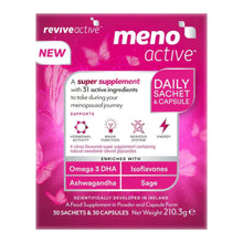 Packaging for Revive Active Meno supplement, featuring a pink design with butterflies, plants, and text detailing the product's benefits and ingredients, including Omega 3 DHA and Sage. Tropical Flavoured Sachets.