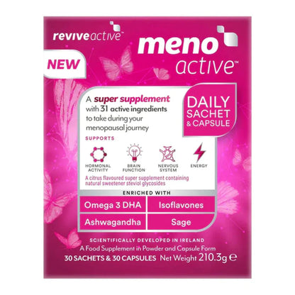 Packaging for Revive Active Meno supplement, featuring a pink design with butterflies, plants, and text detailing the product's benefits and ingredients, including Omega 3 DHA and Sage. Tropical Flavoured Sachets.