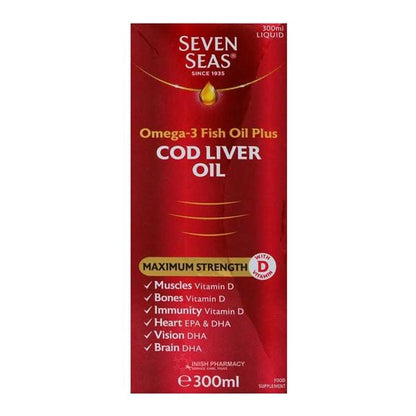 Red packaging of Seven Seas Cod Liver Oil on a white background