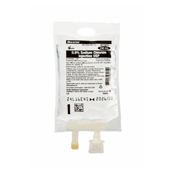 Representative sodium chloride 0.9% 100 ml IV bag; supplied as 50 bags; packaging may vary