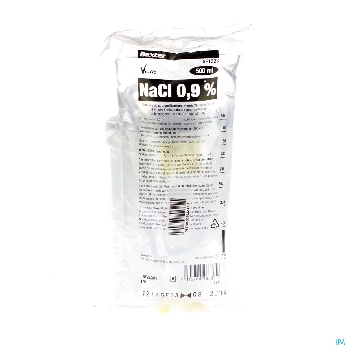 Representative sodium chloride 0.9% 500 ml IV bag; supplied as 20 bags; packaging may vary