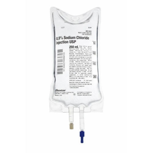 Representative sodium chloride 0.9% 250 ml IV bag; supplied as 30 bags; packaging may vary