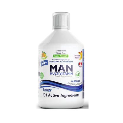 A white plastic bottle of Swedish Nutra MAN Multivitamin food supplement 50+ with a white cap, featuring a label with blue accents, on a white background.