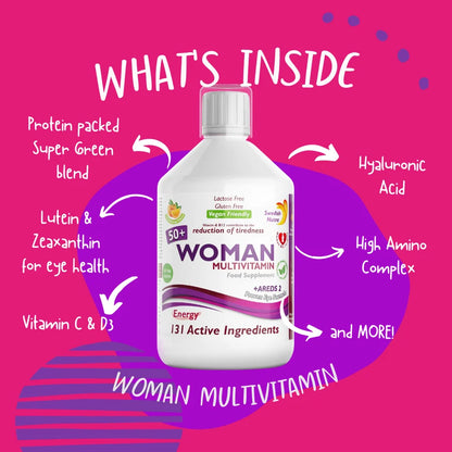 A white bottle of Swedish Nutra WOMAN Multivitamin 50+ food supplement centered on a bright pink and purple promotional graphic with arrows and text describing ingredients and benefits.
