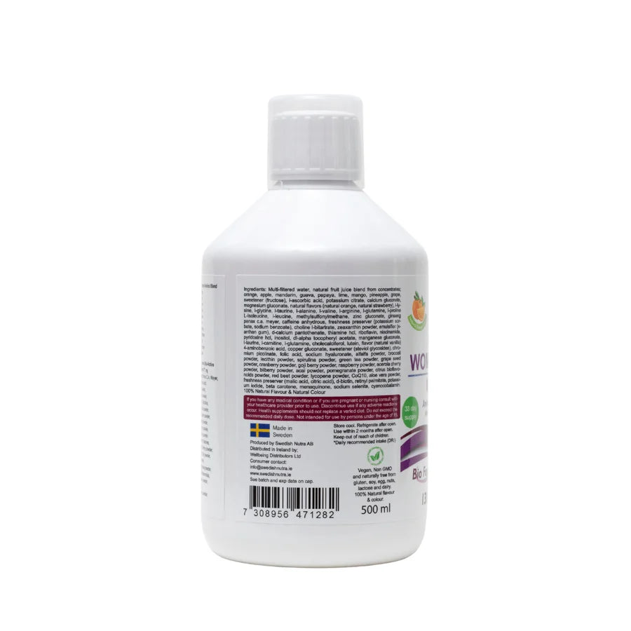 A 500 ml white plastic bottle of Swedish Nutra Woman 50+ liquid supplement, shown from the back to display the detailed label text, barcode, and ingredients.