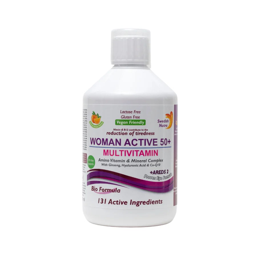 A white plastic bottle of Woman Active 50+ Multivitamin with a white cap, featuring a label with purple, green, and orange accents on a plain white background.