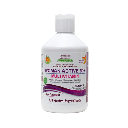 A white plastic bottle of Woman Active 50+ Multivitamin with a white cap, featuring a label with purple, green, and orange accents on a plain white background.