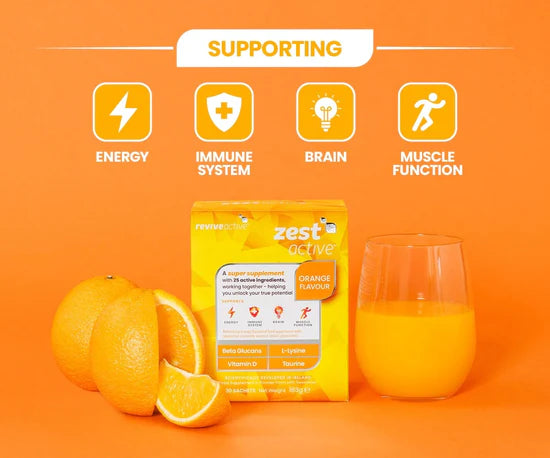 Zest Active supplement package with oranges and a glass of juice on an orange background